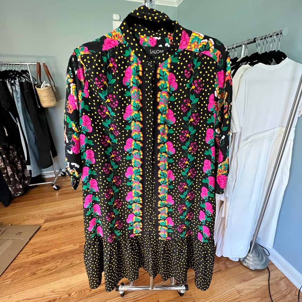 Saloni 100% silk button down dress with tie belt